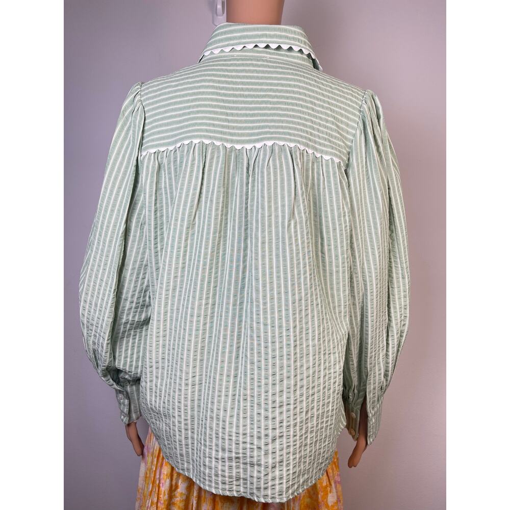 Entro sage green striped blouse L scalloped collar button front cotton blend - Picture 6 of 15